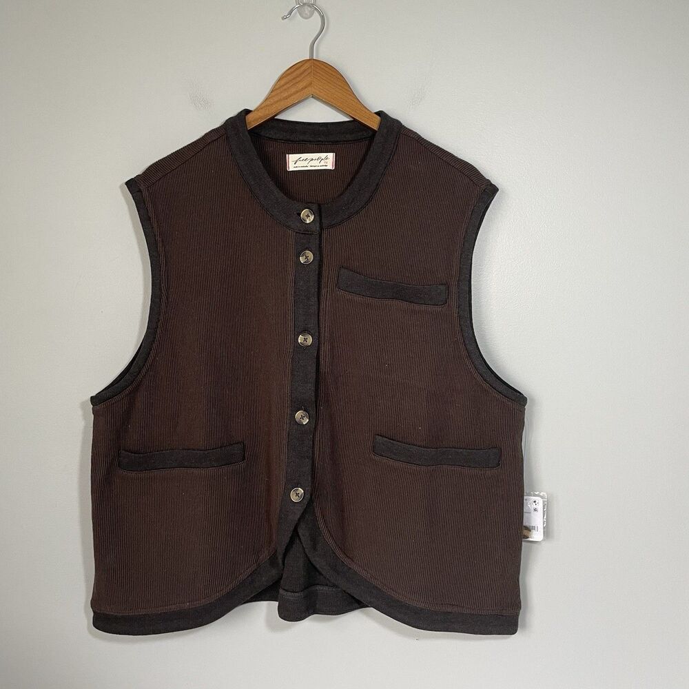 Free People Jackie Sweater Sweatshirt Boho Vest Button Up Boxy Brown Size Large